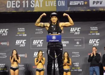 Professional MMA fighter at a pre-fight weigh-in before competition
