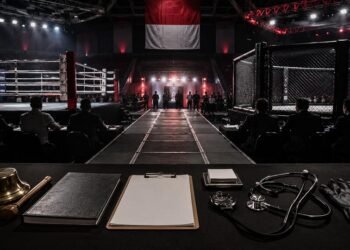 Officials supervise a combat sports event under Indonesia's fight sanctioning system.