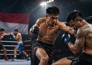 Officials review fighter eligibility and medical documents before a combat sports event in Indonesia.