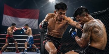 Officials review fighter eligibility and medical documents before a combat sports event in Indonesia.