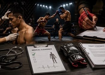 A fighter undergoes a medical examination before a combat sports event in Indonesia.