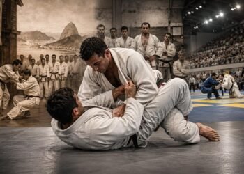 Brazilian Jiu-Jitsu practitioners grappling during training, representing the history and evolution of BJJ.