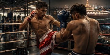 Muay Thai fighters training inside a fight gym as part of the country’s growing competitive pathway.