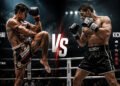 Muay Thai and kickboxing fighters exchanging strikes in a ring, illustrating differences in rules, techniques and fighting style.