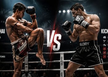 Muay Thai and kickboxing fighters exchanging strikes in a ring, illustrating differences in rules, techniques and fighting style.