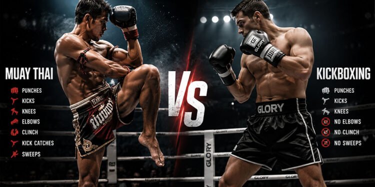Muay Thai and kickboxing fighters exchanging strikes in a ring, illustrating differences in rules, techniques and fighting style.